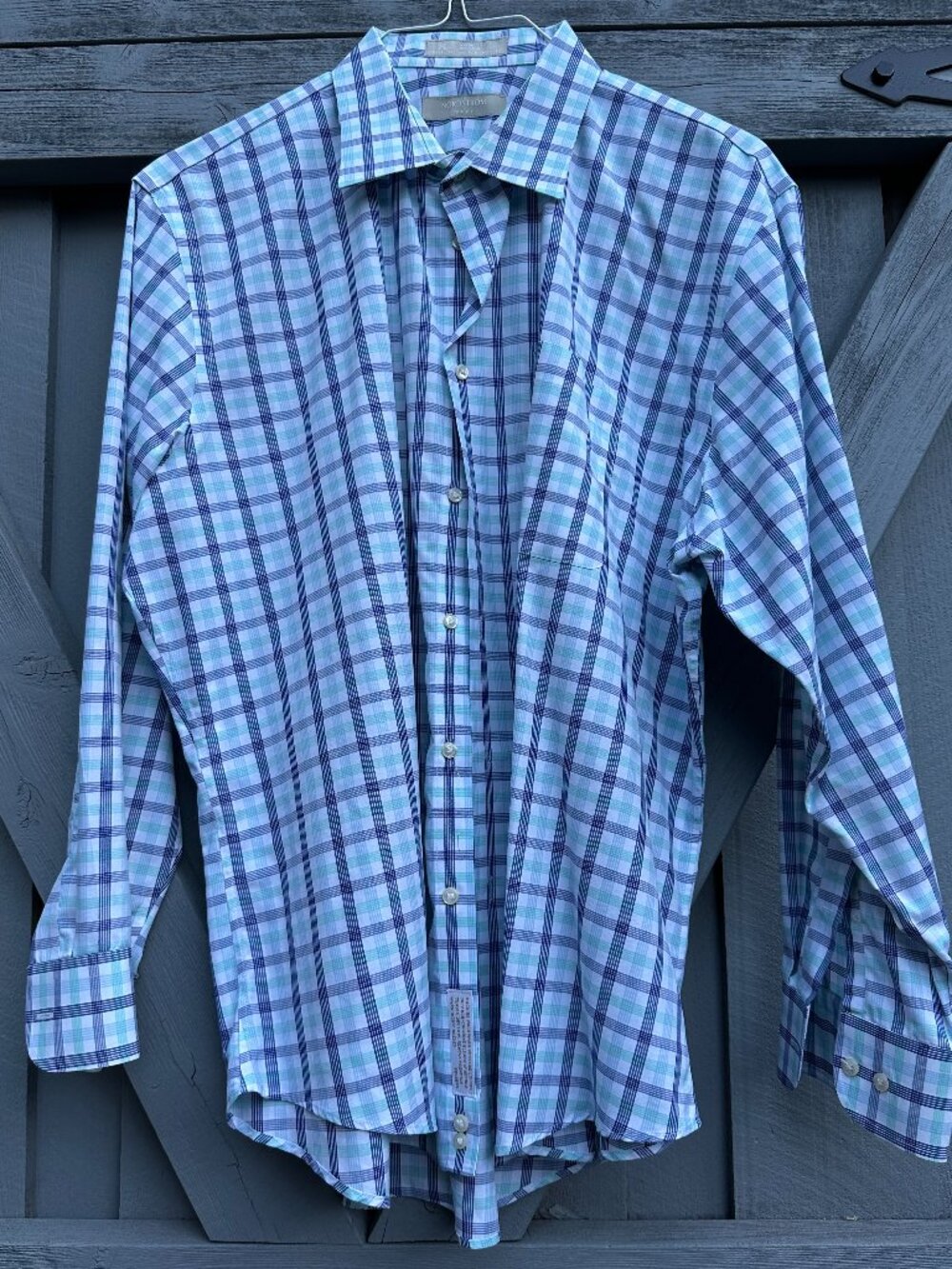 Nordstrom Smartcare Trim Fit Men's Dress Shirt 17 32/33 Blue Aqua Plaid Wrinkle